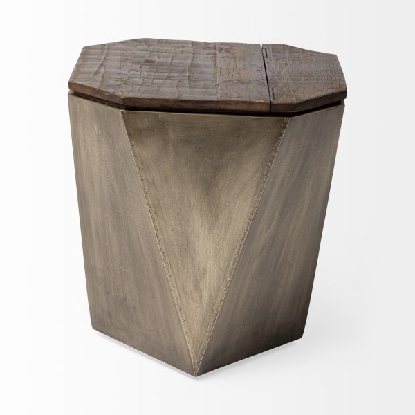 Esagono Octagonal Gold Metal Clad Reclaimed Wood EndSide Table w Storage 6