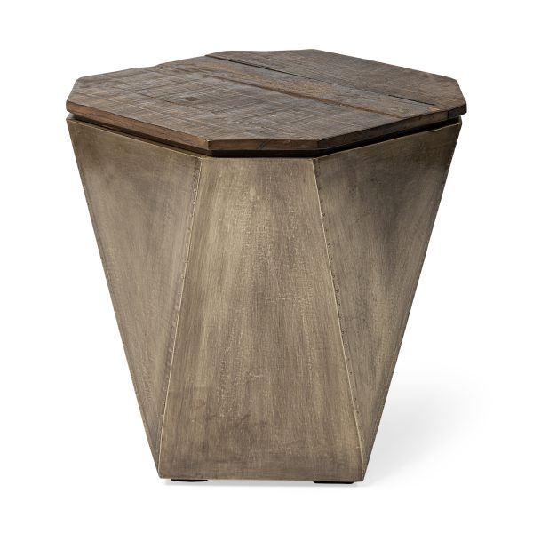 Esagono Octagonal Gold Metal Clad Reclaimed Wood EndSide Table w Storage
