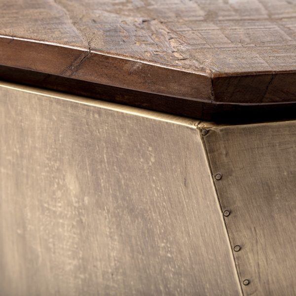 Esagono Octagonal Gold Metal Clad Reclaimed Wood EndSide Table w Storage 7