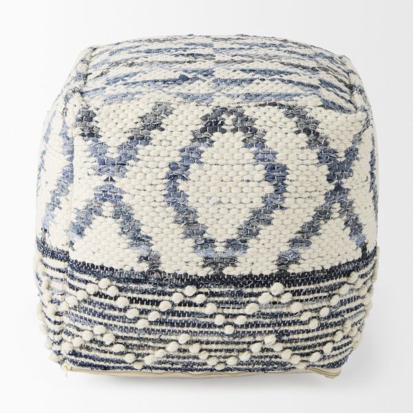Eshana 16.0L x 16.0W x 16.0H Cream Wool and Denim Patterned Pouf 1
