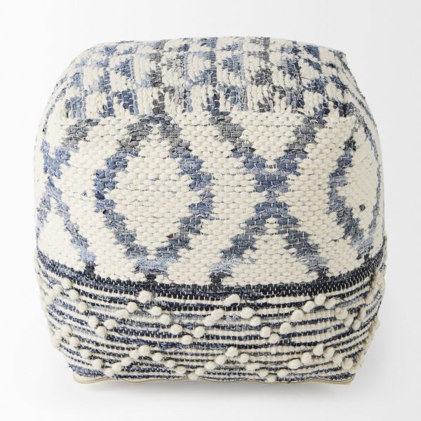 Eshana 16.0L x 16.0W x 16.0H Cream Wool and Denim Patterned Pouf 3