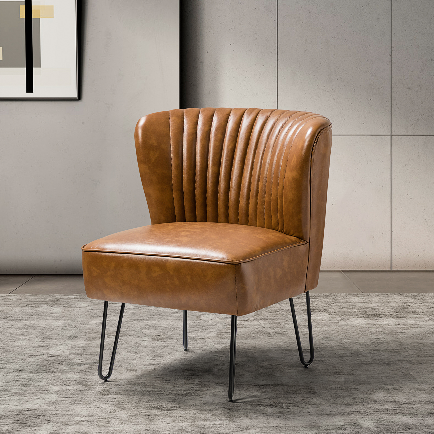 Eustacio Camel Faux Leather Tufted Armless Accent Chair 1 Eustacio Camel Faux Leather Tufted Armless Accent Chair