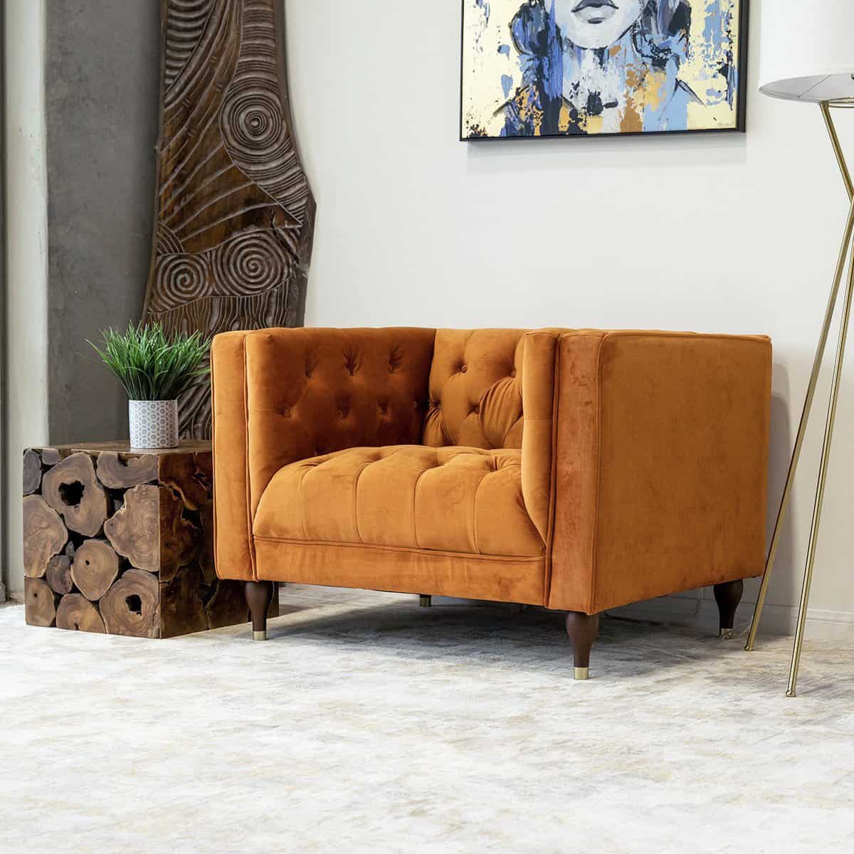 Burnt Orange Velvet Tufted Lounge Chair with Elegant Design 2 Burnt Orange Velvet Tufted Lounge Chair with Elegant Design - Image 2