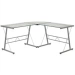 Modern Silver L-Shaped Desk with Glass Top and Glides 3 Modern Silver L-Shaped Desk with Glass Top and Glides