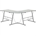 Modern Silver L-Shaped Desk with Glass Top and Glides 4 Modern Silver L-Shaped Desk with Glass Top and Glides