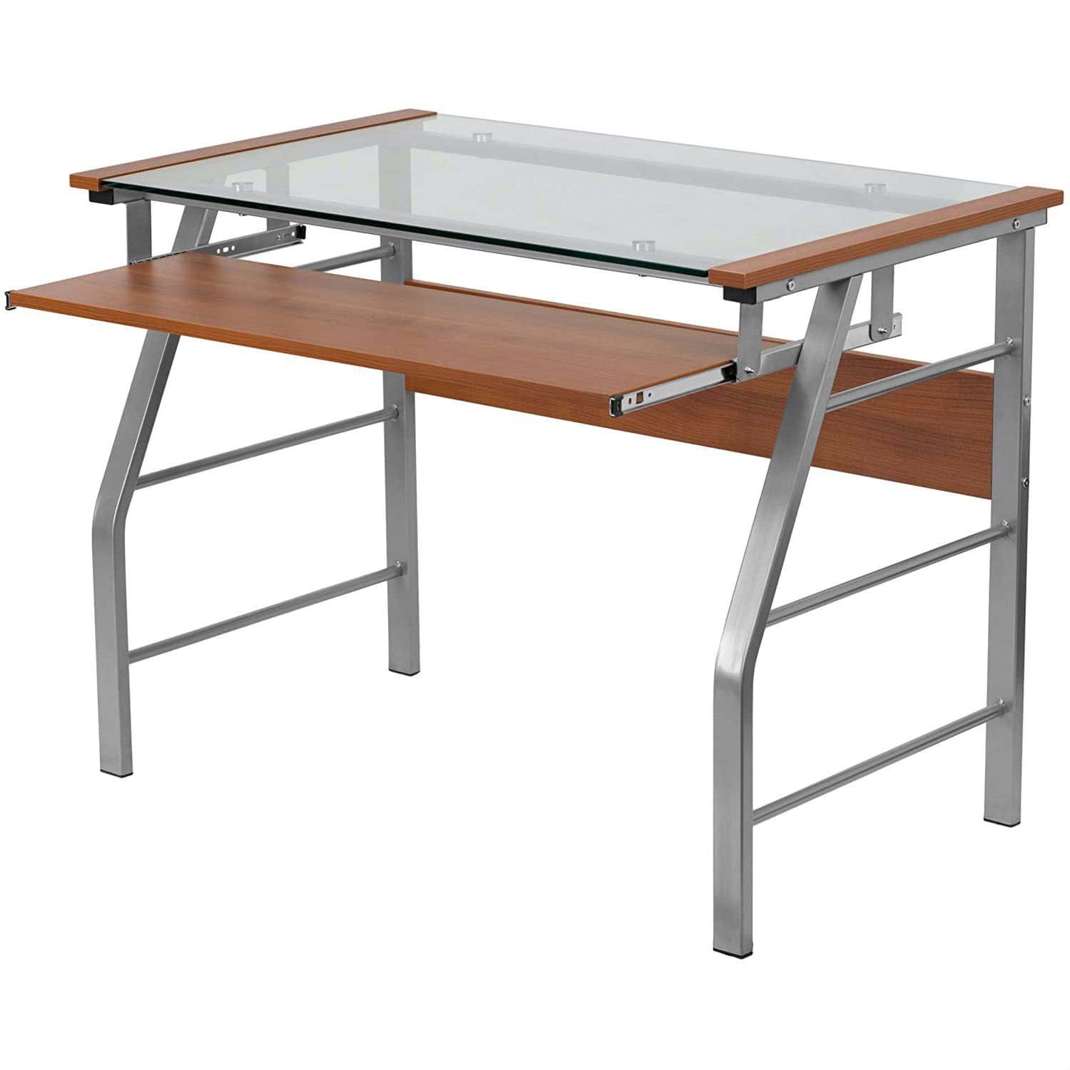 Contemporary Glass Top Computer Desk with Cherry Keyboard Tray 1 Contemporary Glass Top Computer Desk with Cherry Keyboard Tray