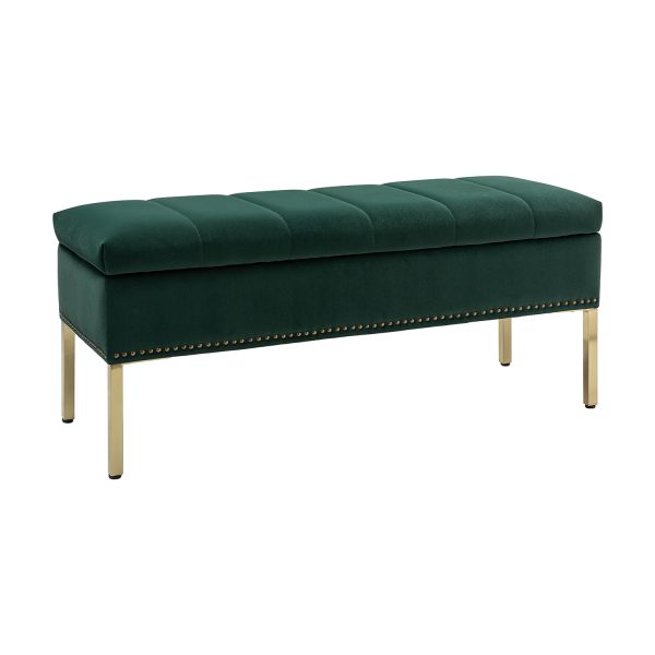 Fabio Green Velvet Tufted Nailhead Trim Flip Top Storage Bench 1