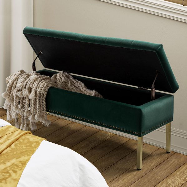 Fabio Green Velvet Tufted Nailhead Trim Flip Top Storage Bench 2