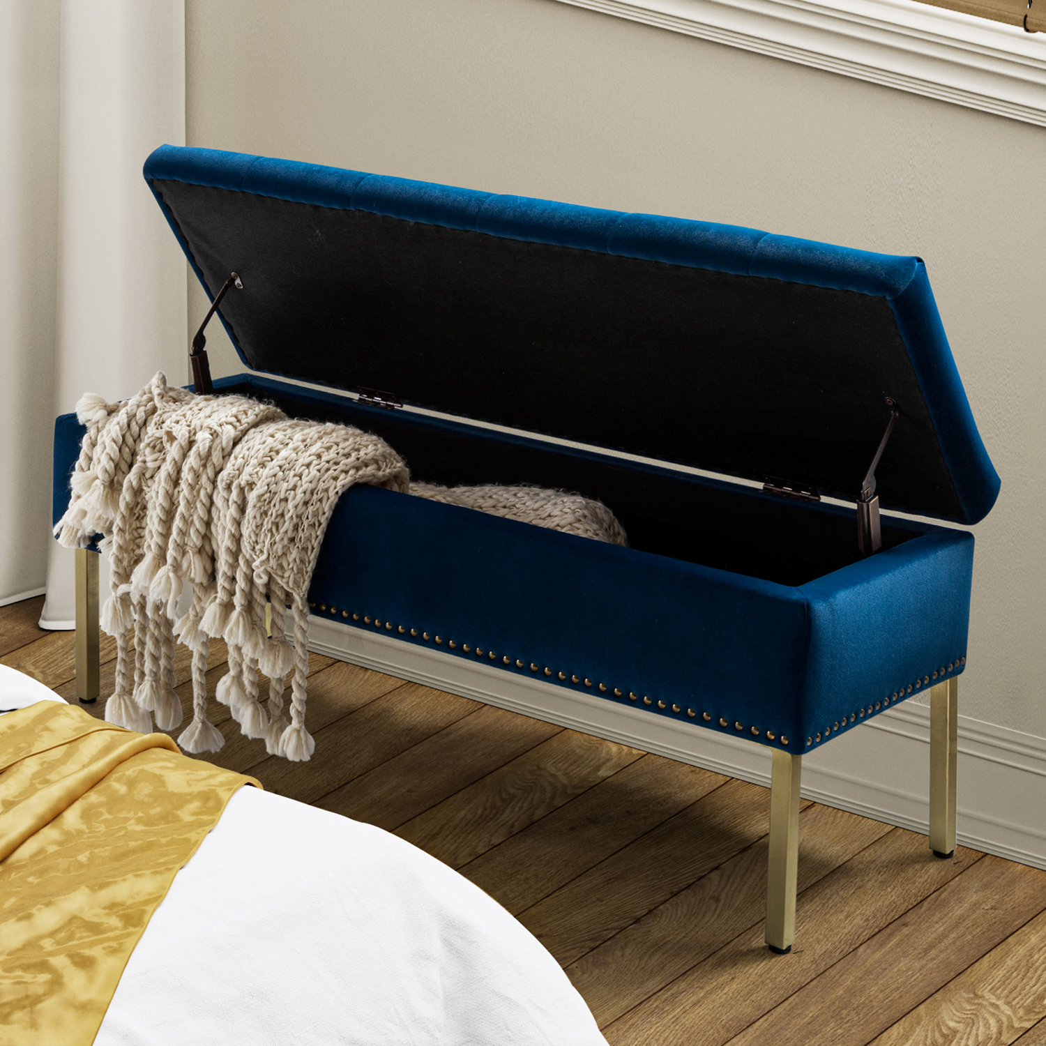 Fabio Navy Velvet Nailhead Trim Flip Top Storage Bench 3 Fabio Navy Velvet Nailhead Trim Flip Top Storage Bench - Image 3