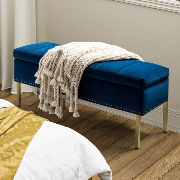 Fabio Navy Velvet Nailhead Trim Flip Top Storage Bench