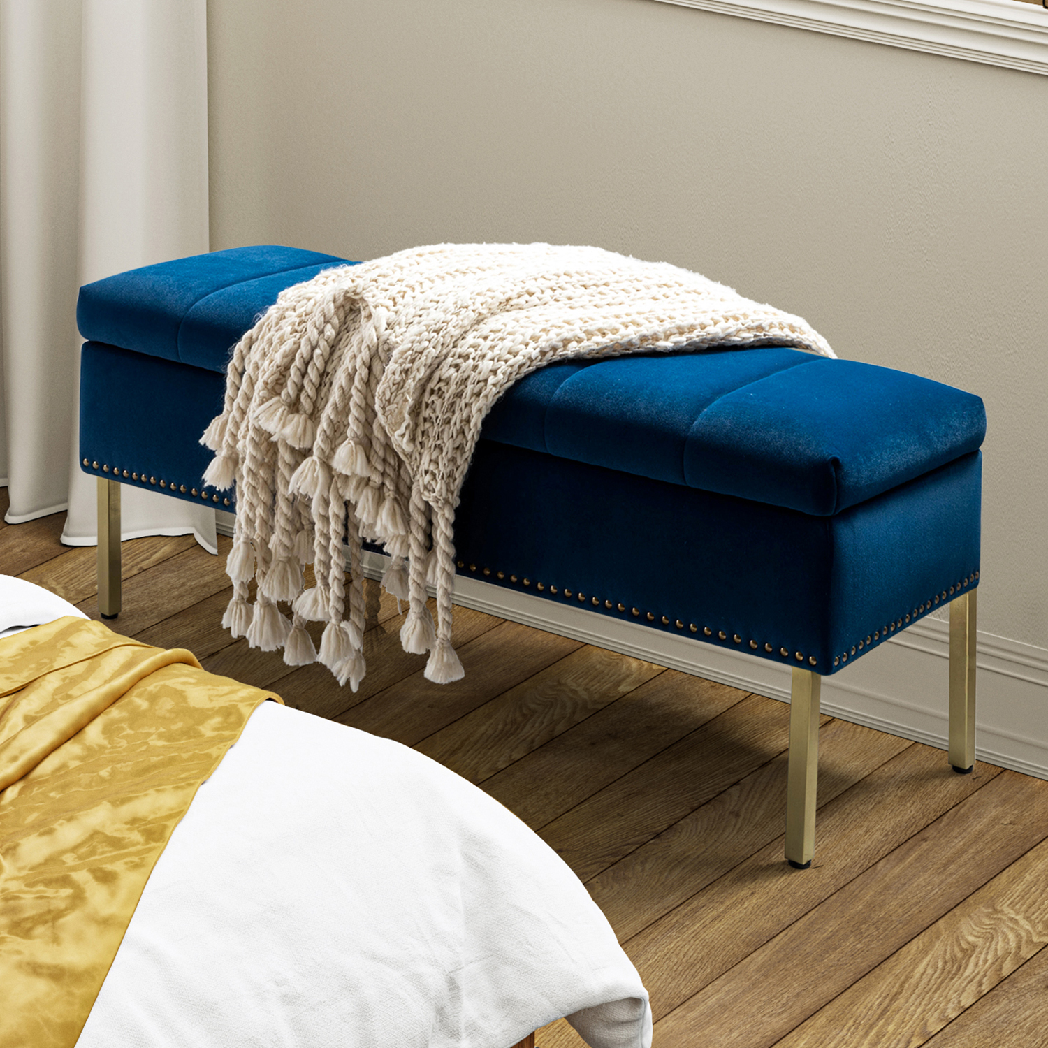 Fabio Navy Velvet Nailhead Trim Flip Top Storage Bench 1 Fabio Navy Velvet Nailhead Trim Flip Top Storage Bench
