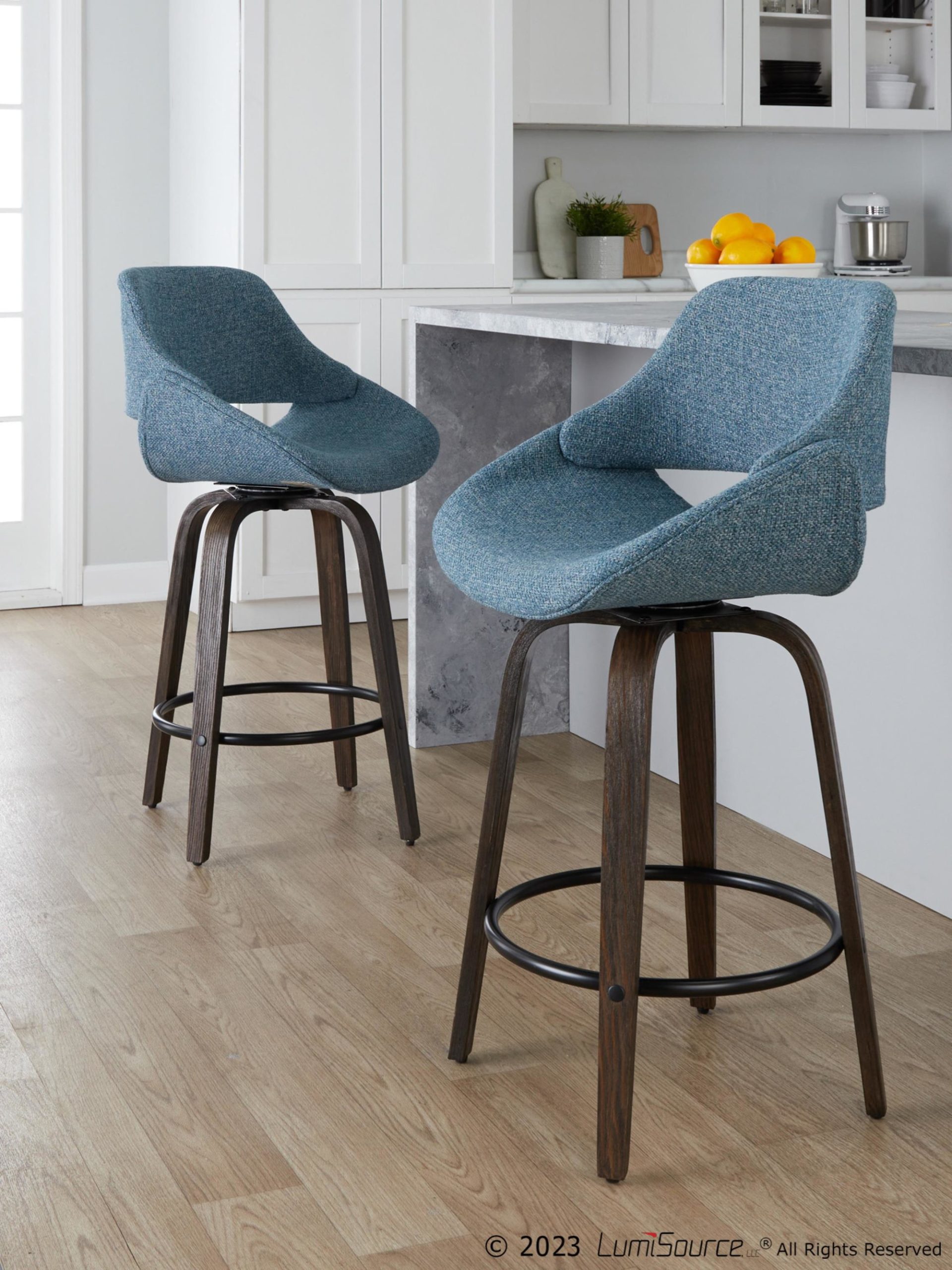 Fabrico 26-Inch Mid-Century Modern Swivel Counter Stools in Walnut and Blue Fabric (Set of 2) (Set of 2) 2 Fabrico 26-Inch Mid-Century Modern Swivel Counter Stools in Walnut and Blue Fabric (Set of 2) (Set of 2) - Image 2