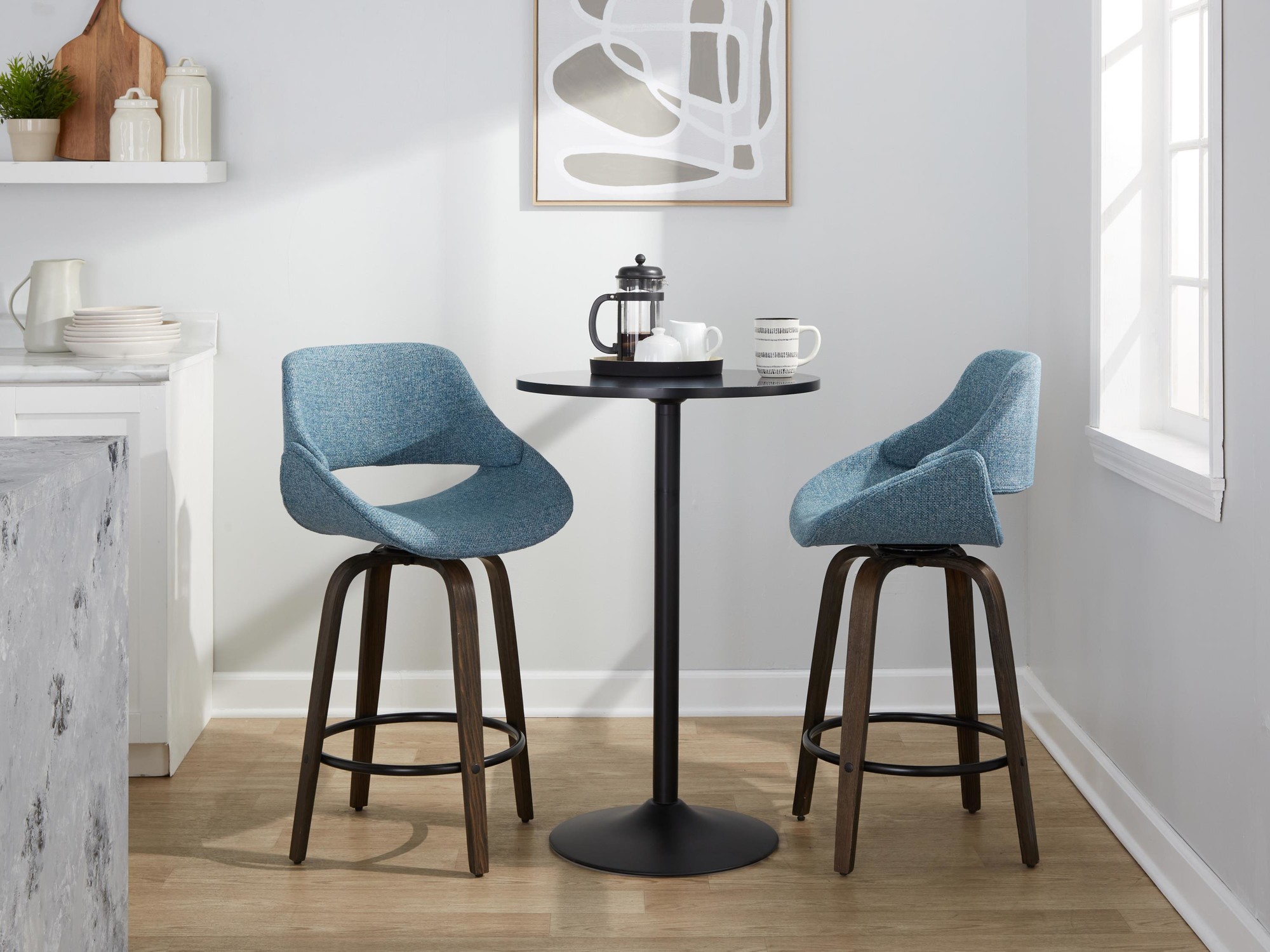 Fabrico 26-Inch Mid-Century Modern Swivel Counter Stools in Walnut and Blue Fabric (Set of 2) (Set of 2) 3 Fabrico 26-Inch Mid-Century Modern Swivel Counter Stools in Walnut and Blue Fabric (Set of 2) (Set of 2) - Image 3