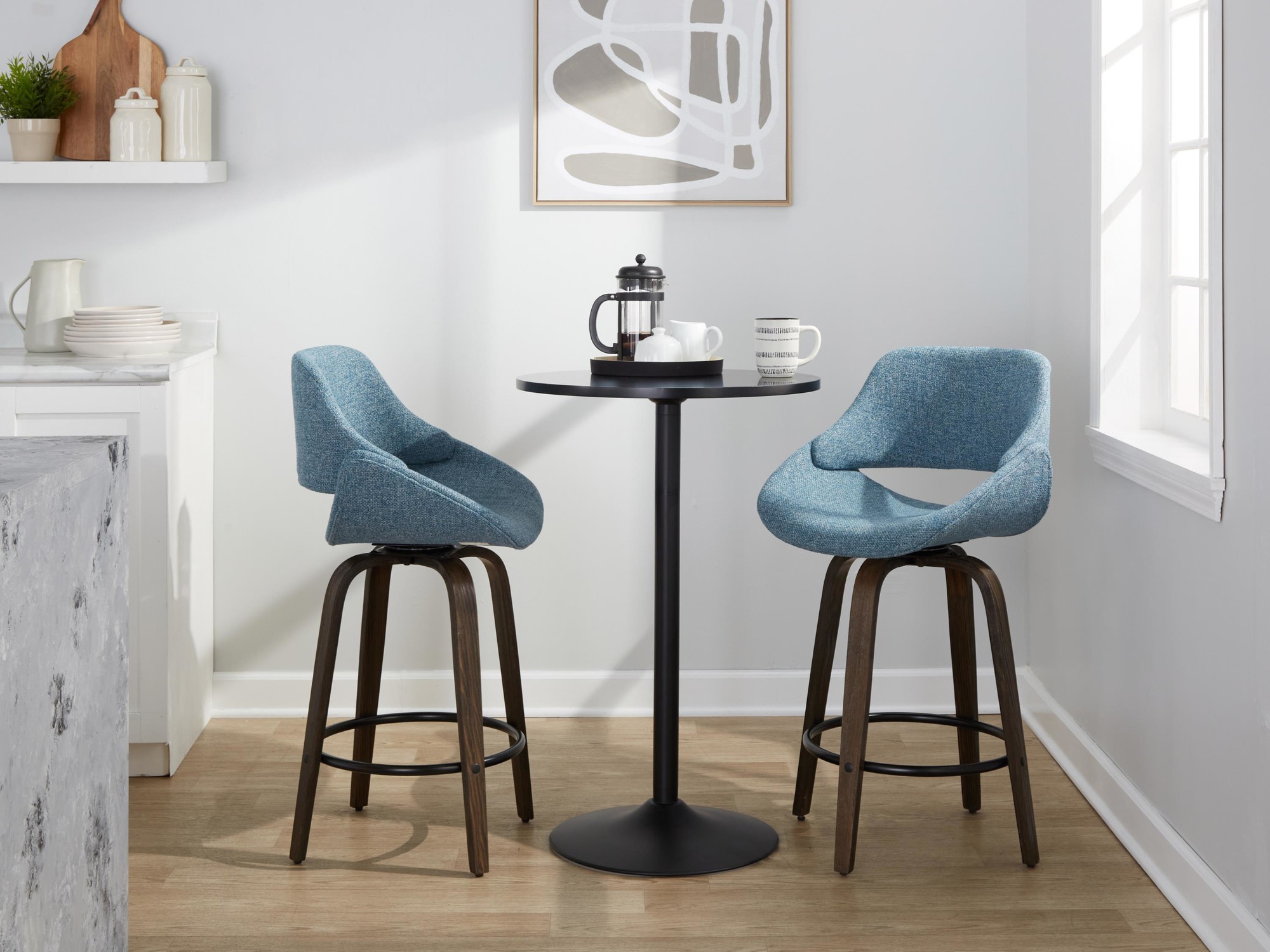 Fabrico 26-Inch Mid-Century Modern Swivel Counter Stools in Walnut and Blue Fabric (Set of 2) (Set of 2) 4 Fabrico 26-Inch Mid-Century Modern Swivel Counter Stools in Walnut and Blue Fabric (Set of 2) (Set of 2) - Image 4