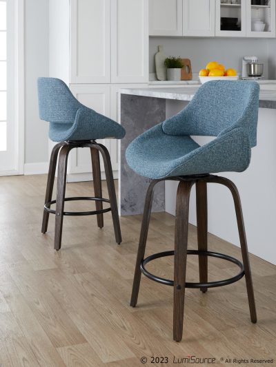 Fabrico 26-Inch Mid-Century Modern Swivel Counter Stools in Walnut and Blue Fabric (Set of 2) (Set of 2)