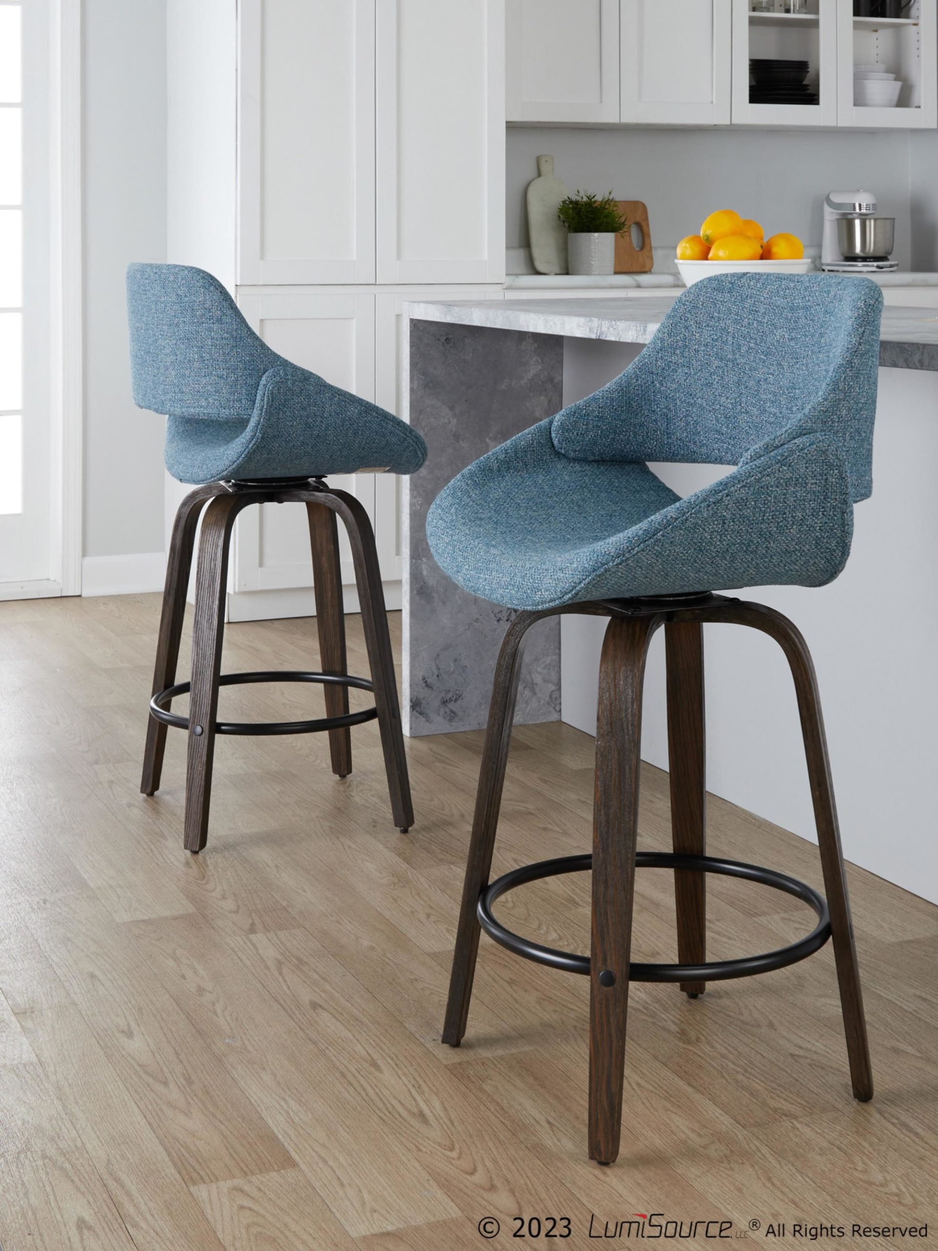 Fabrico 26-Inch Mid-Century Modern Swivel Counter Stools in Walnut and Blue Fabric (Set of 2) (Set of 2) 1 Fabrico 26-Inch Mid-Century Modern Swivel Counter Stools in Walnut and Blue Fabric (Set of 2) (Set of 2)