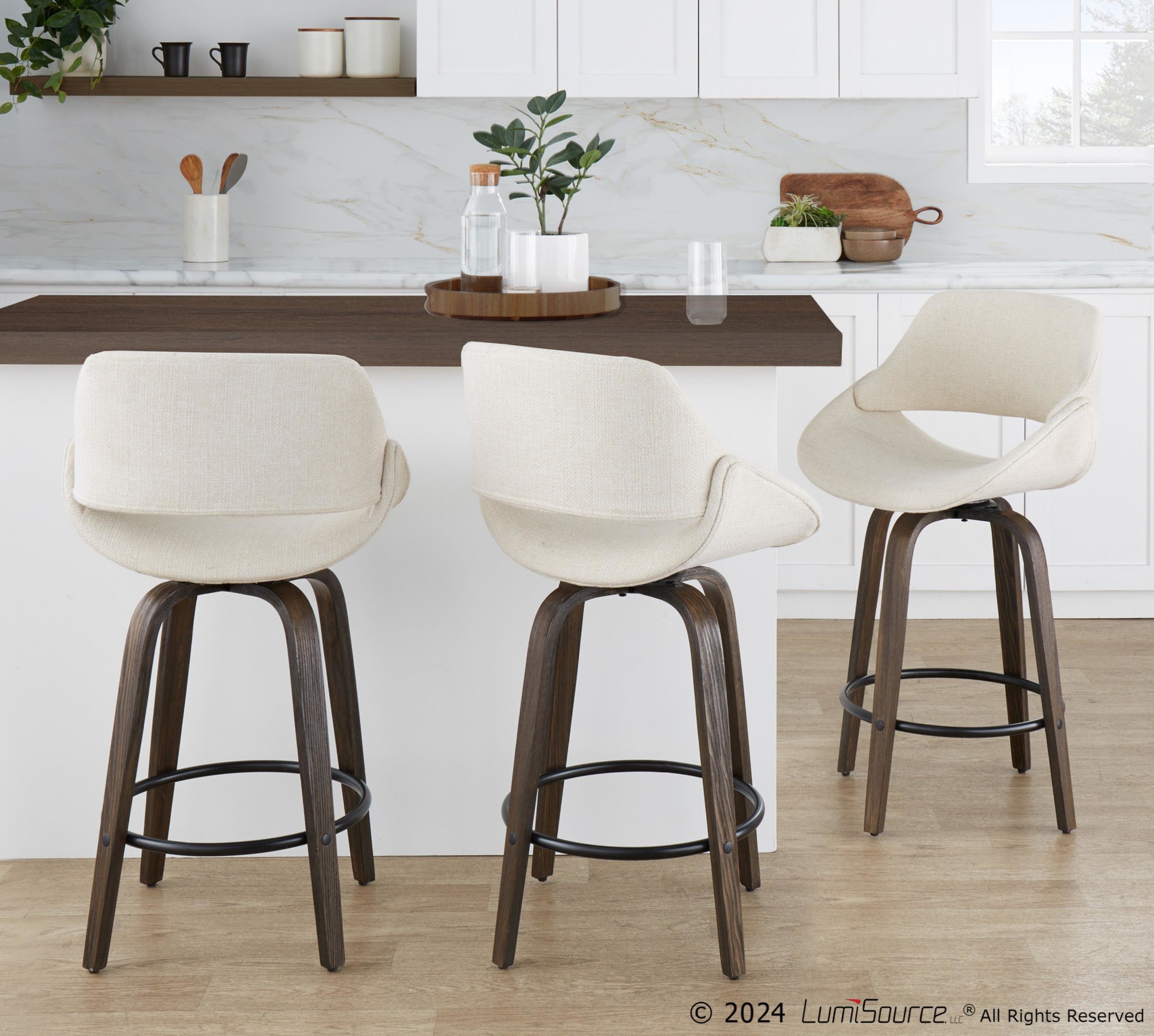 Fabrico 26-Inch Mid-Century Modern Swivel Counter Stools in Walnut and Cream Fabric (Set of 2) (Set of 2) 2 Fabrico 26-Inch Mid-Century Modern Swivel Counter Stools in Walnut and Cream Fabric (Set of 2) (Set of 2) - Image 2