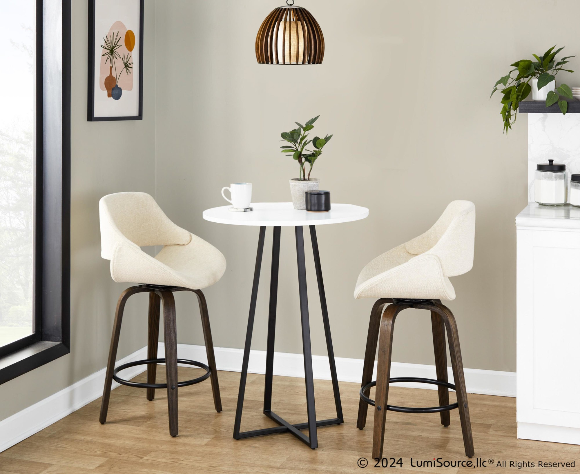 Fabrico 26-Inch Mid-Century Modern Swivel Counter Stools in Walnut and Cream Fabric (Set of 2) (Set of 2) 3 Fabrico 26-Inch Mid-Century Modern Swivel Counter Stools in Walnut and Cream Fabric (Set of 2) (Set of 2) - Image 3