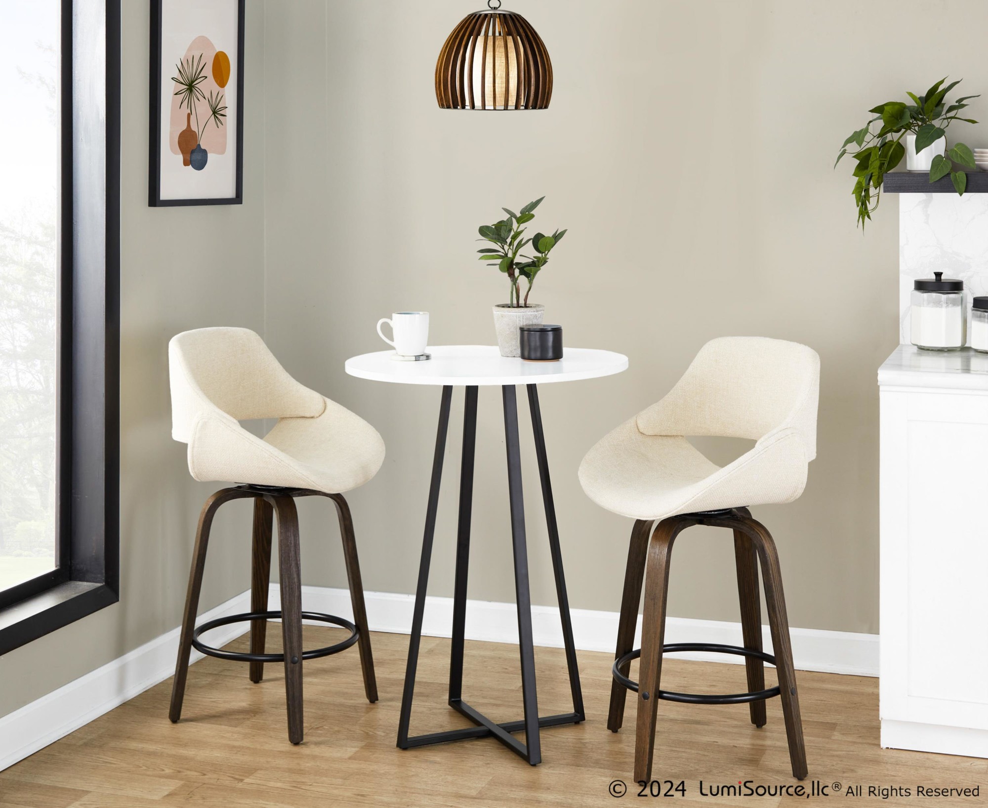 Fabrico 26-Inch Mid-Century Modern Swivel Counter Stools in Walnut and Cream Fabric (Set of 2) (Set of 2) 4 Fabrico 26-Inch Mid-Century Modern Swivel Counter Stools in Walnut and Cream Fabric (Set of 2) (Set of 2) - Image 4