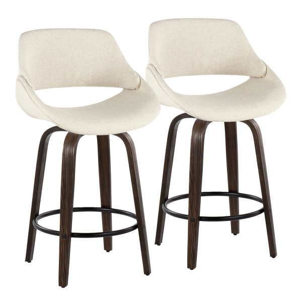 Fabrico 26 Inch Mid Century Modern Swivel Counter Stools in Walnut and Cream Fabric Set of 2 Set of 2 4