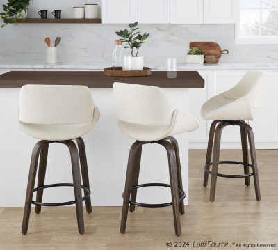 Fabrico 26-Inch Mid-Century Modern Swivel Counter Stools in Walnut and Cream Fabric (Set of 2) (Set of 2)