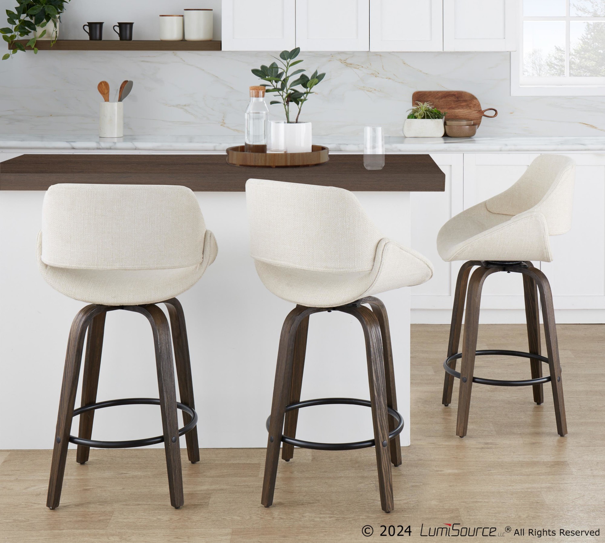 Fabrico 26-Inch Mid-Century Modern Swivel Counter Stools in Walnut and Cream Fabric (Set of 2) (Set of 2) 1 Fabrico 26-Inch Mid-Century Modern Swivel Counter Stools in Walnut and Cream Fabric (Set of 2) (Set of 2)