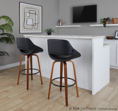 Fabrico 30 Contemporary Walnut Black Swivel Barstools (Set of 2)