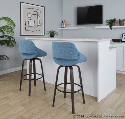 Fabrico 30-Inch Mid-Century Modern Swivel Barstool in Walnut and Blue Noise Fabric (Set of 2) (Set of 2)