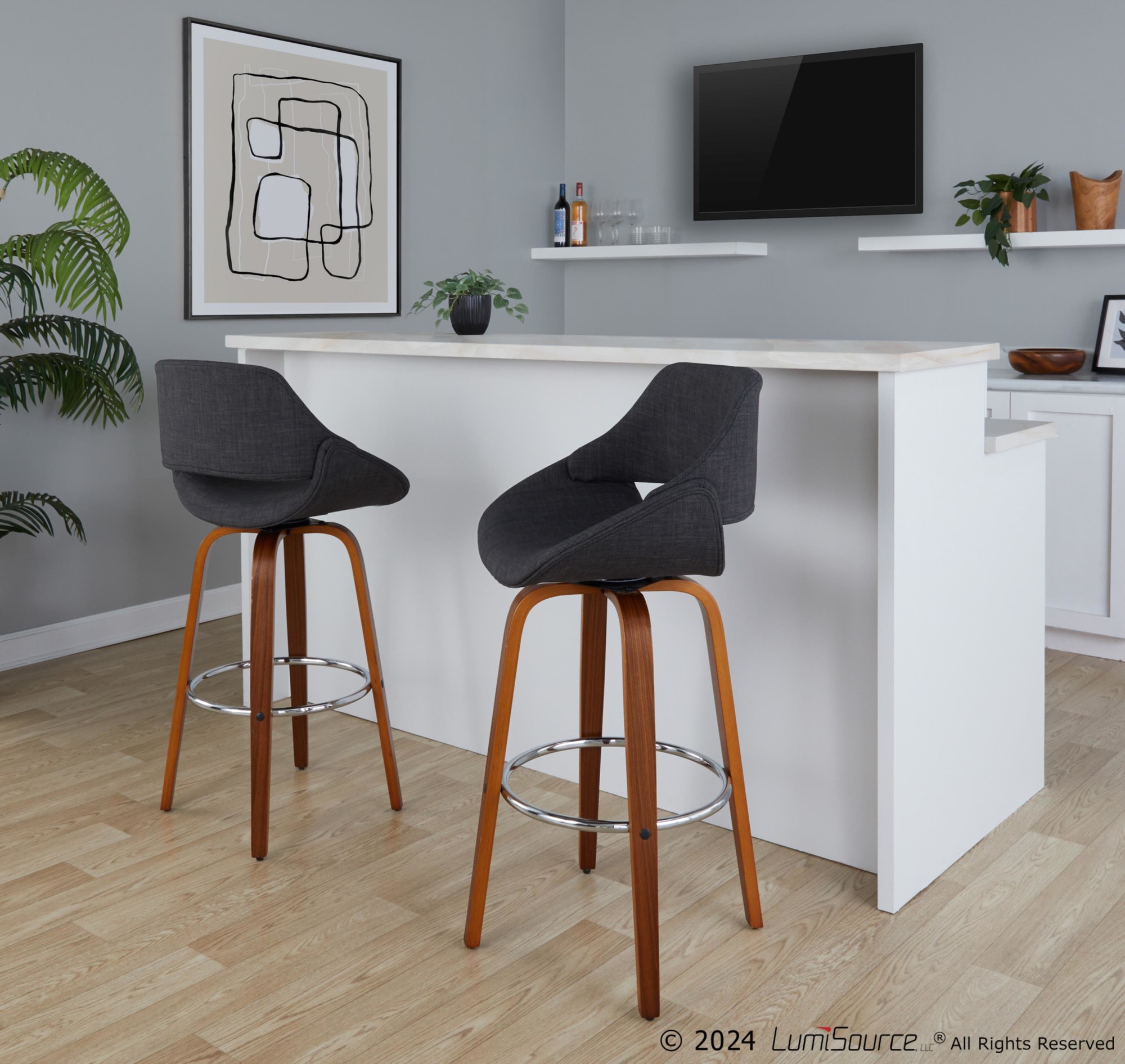 Fabrico 30-Inch Mid-Century Modern Swivel Barstool in Walnut and Charcoal Fabric (Set of 2) (Set of 2) 2 Fabrico 30-Inch Mid-Century Modern Swivel Barstool in Walnut and Charcoal Fabric (Set of 2) (Set of 2) - Image 2