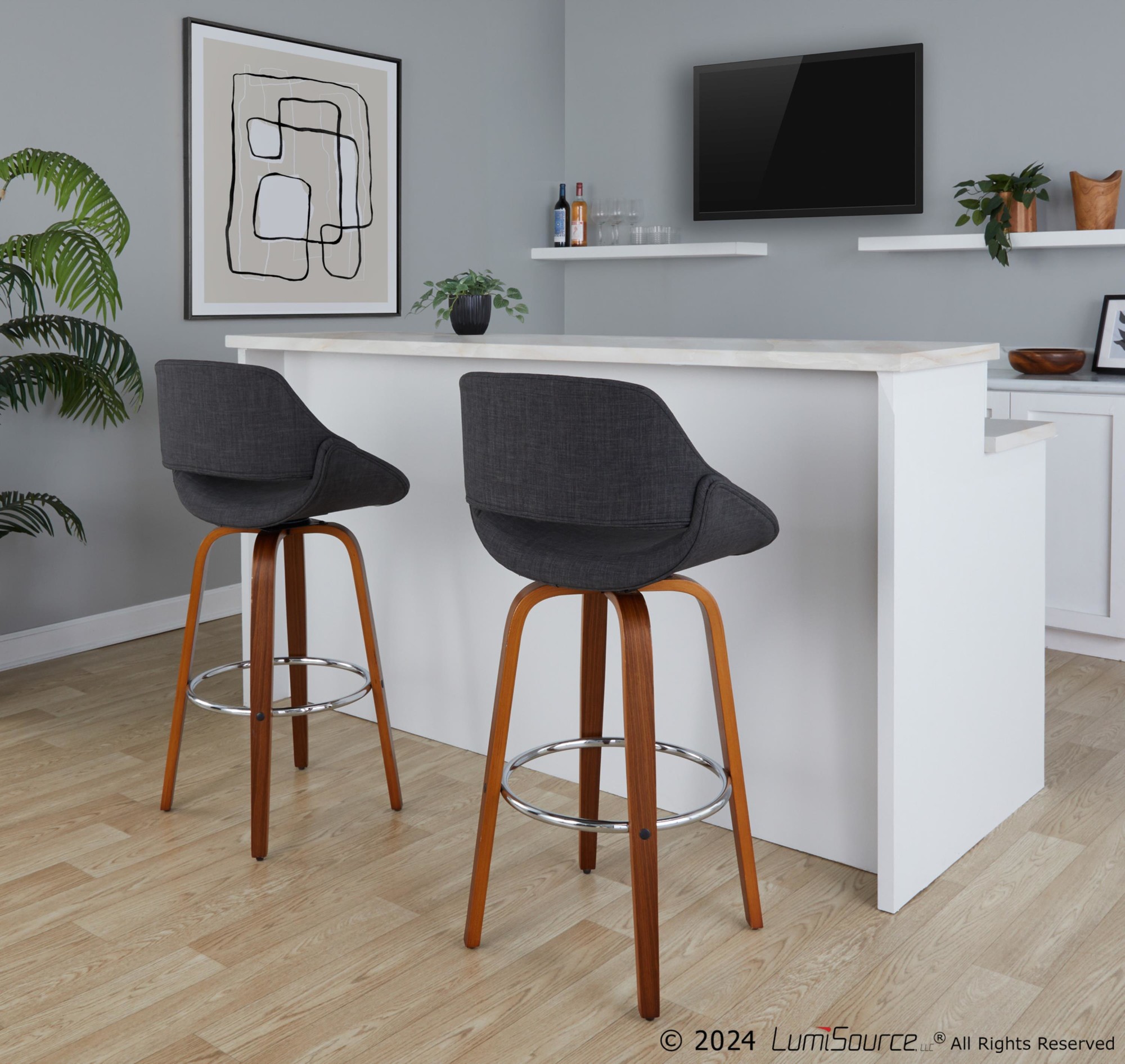 Fabrico 30-Inch Mid-Century Modern Swivel Barstool in Walnut and Charcoal Fabric (Set of 2) (Set of 2) 1 Fabrico 30-Inch Mid-Century Modern Swivel Barstool in Walnut and Charcoal Fabric (Set of 2) (Set of 2)