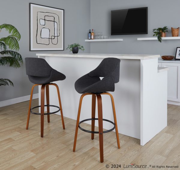 Fabrico 30 Inch Mid Century Modern Swivel Barstools in Walnut and Charcoal Fabric Set of 2 Set of 2 1