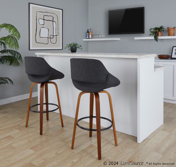 Fabrico 30 Inch Mid Century Modern Swivel Barstools in Walnut and Charcoal Fabric Set of 2 Set of 2