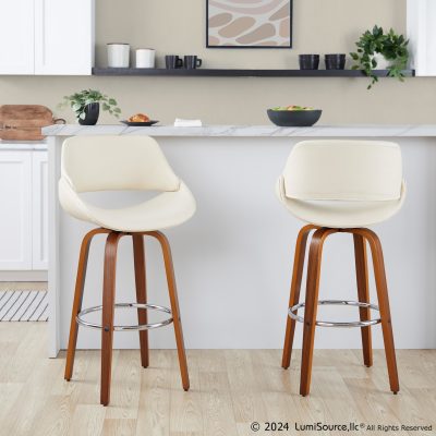 Fabrico 30 Mid-Century Cream Faux Leather Swivel Barstool (Set of 2)