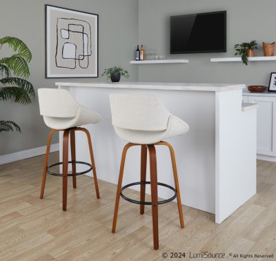 Fabrico 30 Mid-Century Cream Swivel Barstool, Walnut Wood (Set of 2)