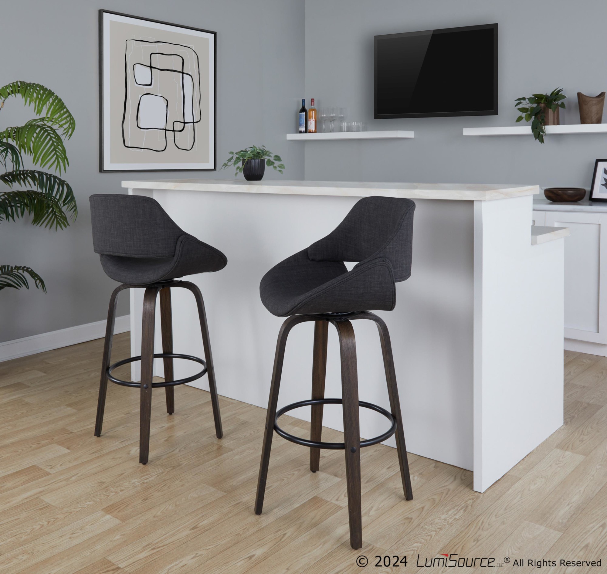 Fabrico 30 Mid-Century Modern Charcoal Barstools (Set of 2) 2 Fabrico 30 Mid-Century Modern Charcoal Barstools (Set of 2) - Image 2