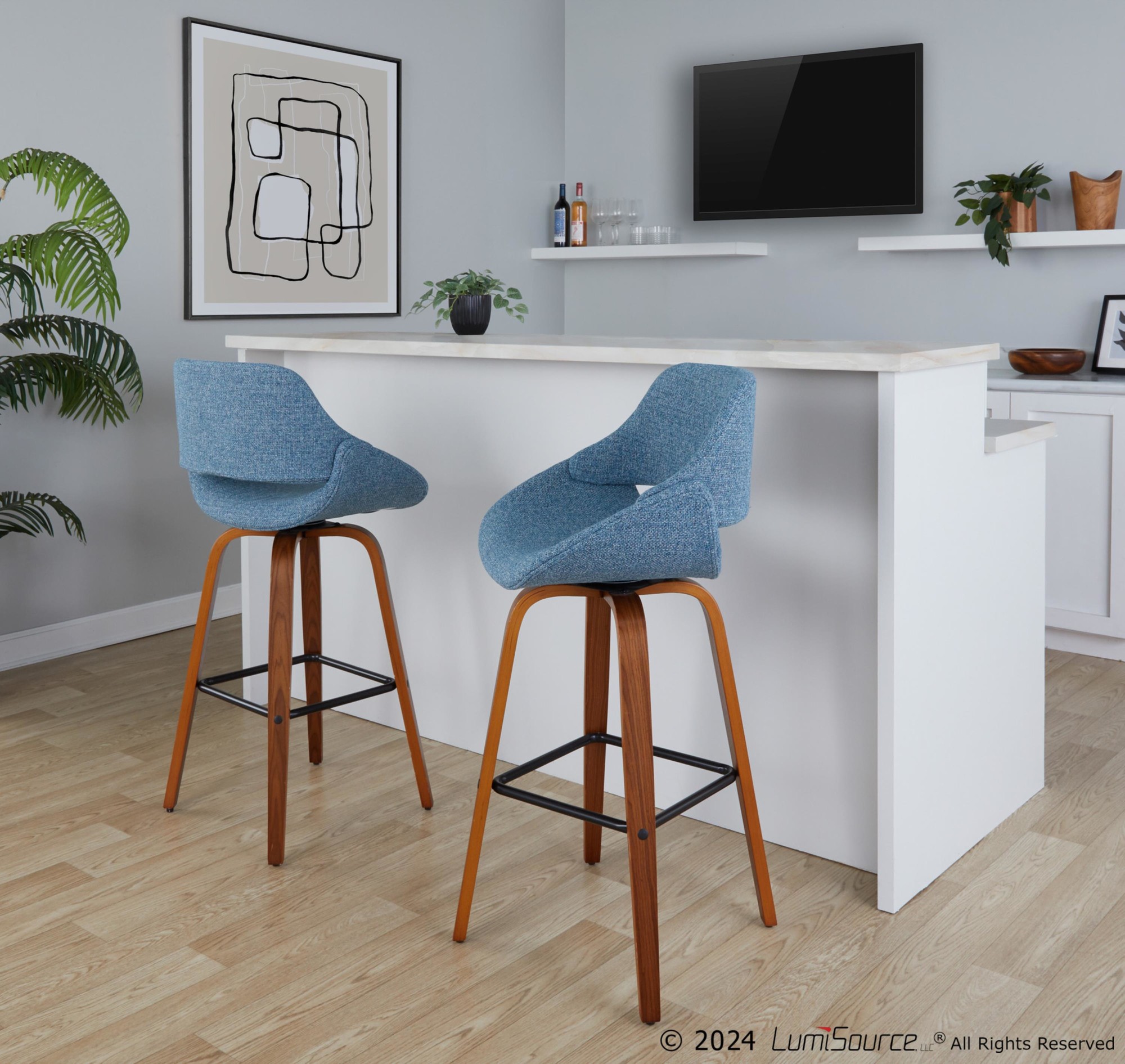 Fabrico 30" Mid-Century Swivel Barstool Walnut Blue (Set of 2) (Set of 2) 2 Fabrico 30" Mid-Century Swivel Barstool Walnut Blue (Set of 2) (Set of 2) - Image 2
