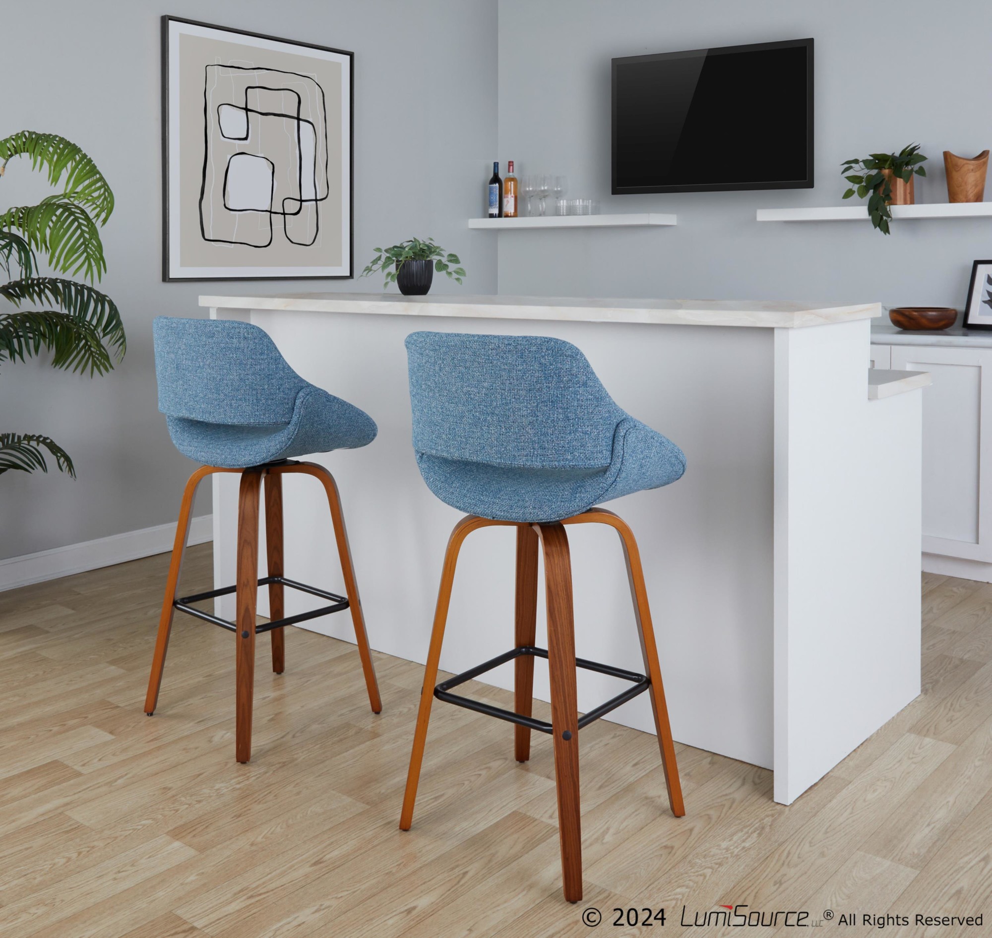 Fabrico 30" Mid-Century Swivel Barstool Walnut Blue (Set of 2) (Set of 2) 1 Fabrico 30" Mid-Century Swivel Barstool Walnut Blue (Set of 2) (Set of 2)