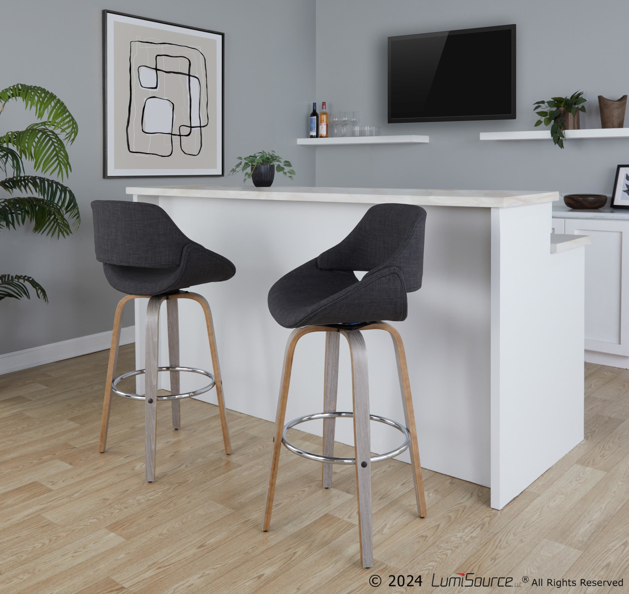 Fabrico 30" Mid-Century Swivel Barstools in Charcoal Fabric (Set of 2) (Set of 2) 2 Fabrico 30" Mid-Century Swivel Barstools in Charcoal Fabric (Set of 2) (Set of 2) - Image 2