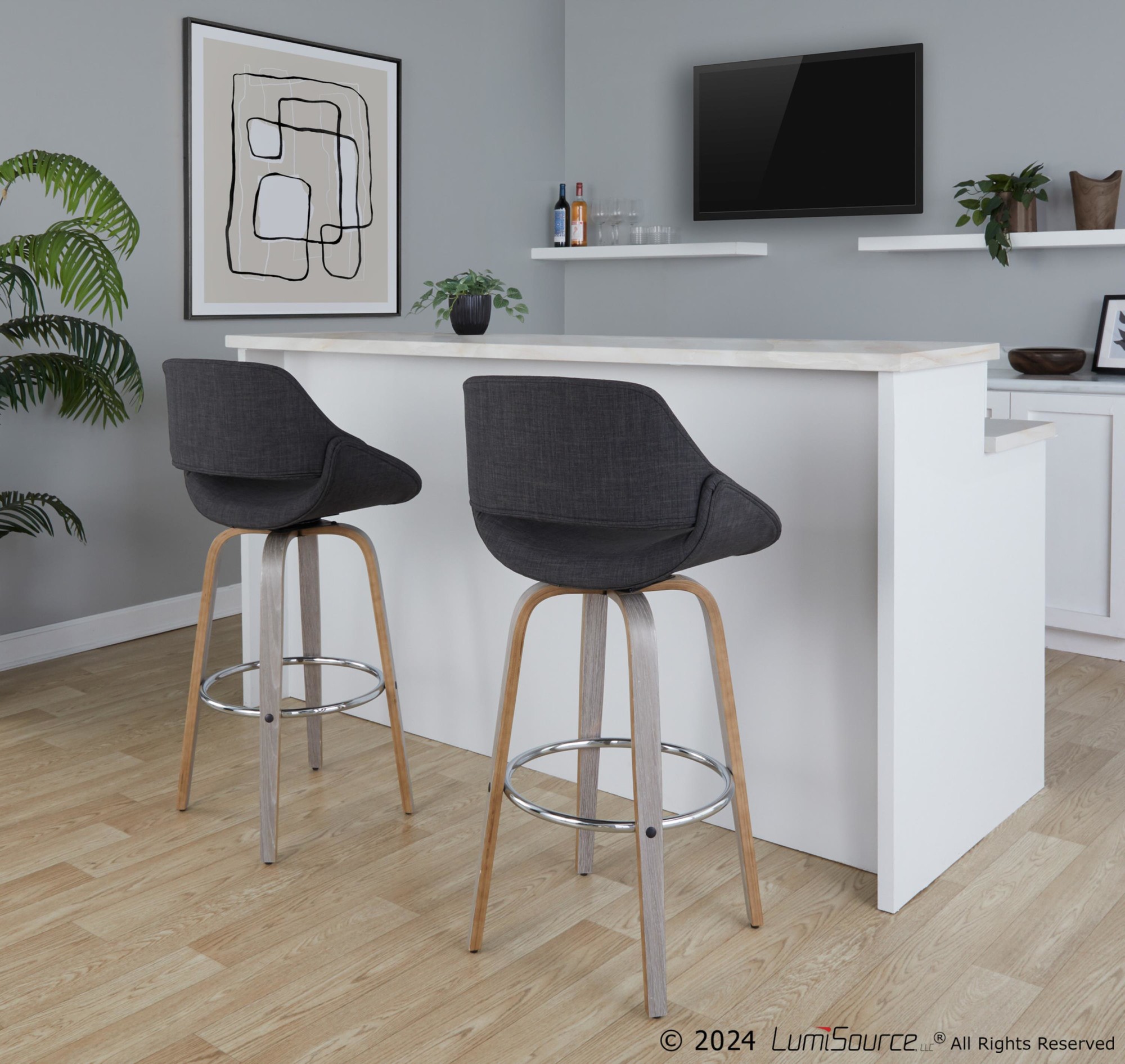 Fabrico 30" Mid-Century Swivel Barstools in Charcoal Fabric (Set of 2) (Set of 2) 1 Fabrico 30" Mid-Century Swivel Barstools in Charcoal Fabric (Set of 2) (Set of 2)