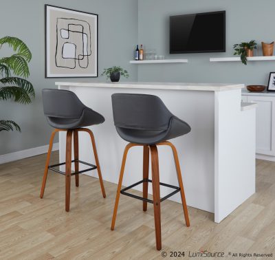 Fabrico 30" Mid-Century Swivel Barstools in Grey Faux Leather (Set of 2) (Set of 2)