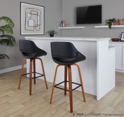 Fabrico 30 Mid-Century Walnut and Black Swivel Barstools (Set of 2)