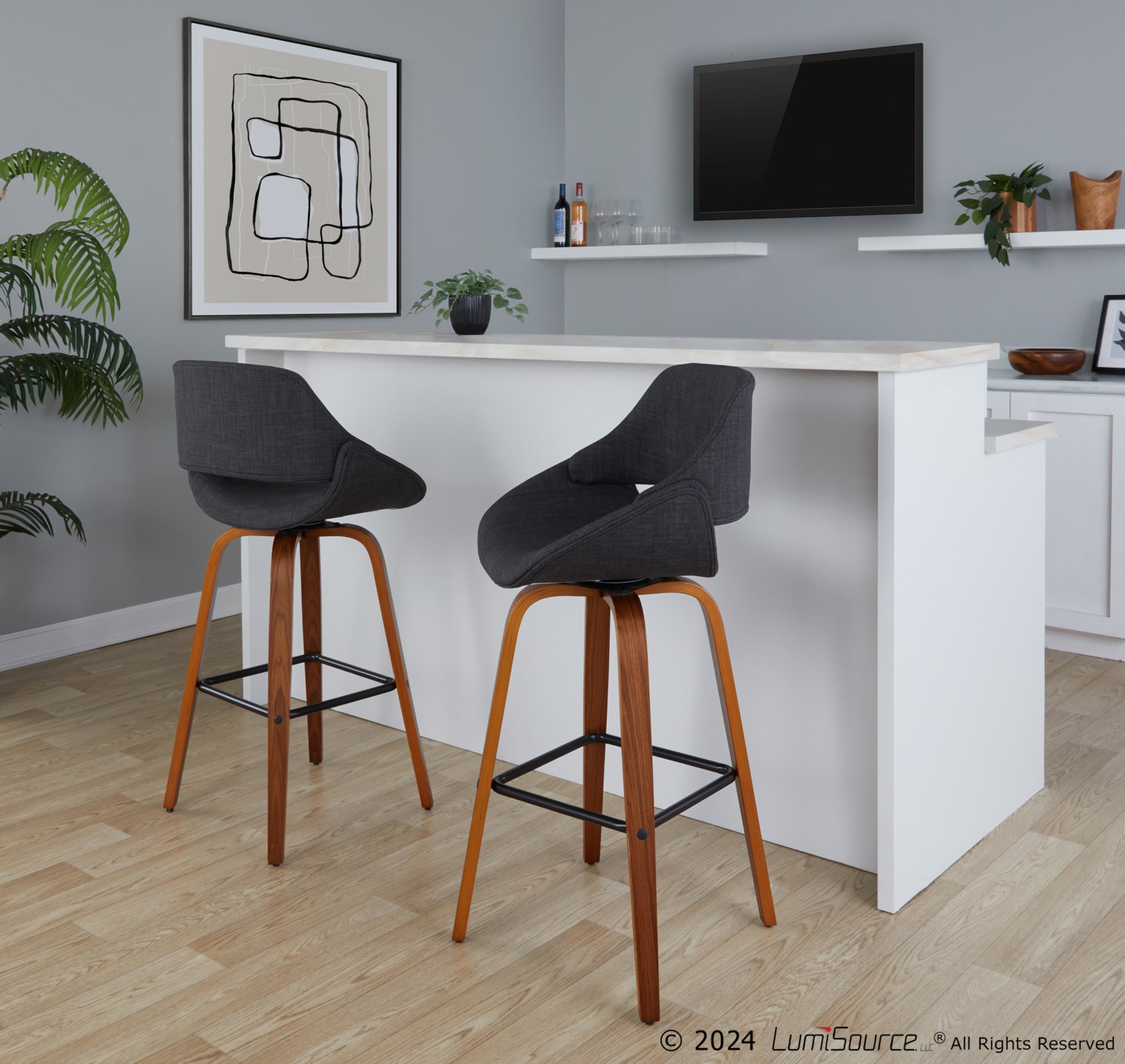 Fabrico 30 Mid-Century Walnut and Charcoal Swivel Barstool (Set of 2) 1 Fabrico 30 Mid-Century Walnut and Charcoal Swivel Barstool (Set of 2)
