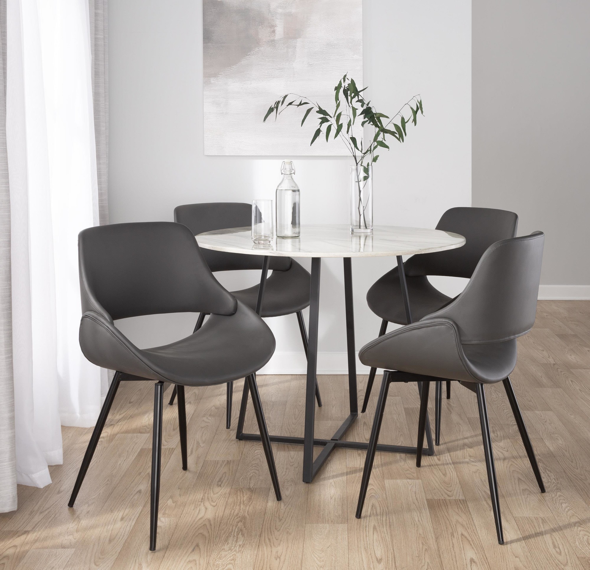 Fabrico Black Metal Grey Faux Leather Chairs Mid-Century Modern (Set of 2) 2 Fabrico Black Metal Grey Faux Leather Chairs Mid-Century Modern (Set of 2) - Image 2