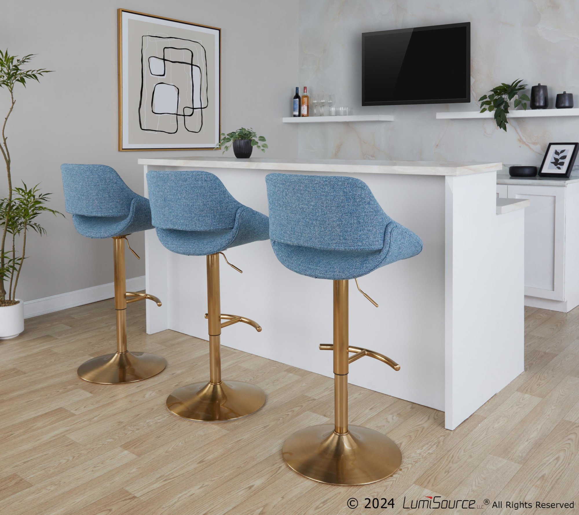 Fabrico Blue Contemporary Adjustable Swivel Barstools Gold Base (Set of 2) 2 Fabrico Blue Contemporary Adjustable Swivel Barstools Gold Base (Set of 2) - Image 2