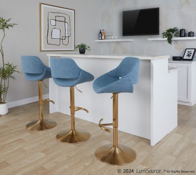 Fabrico Blue Contemporary Adjustable Swivel Barstools Gold Base (Set of 2)
