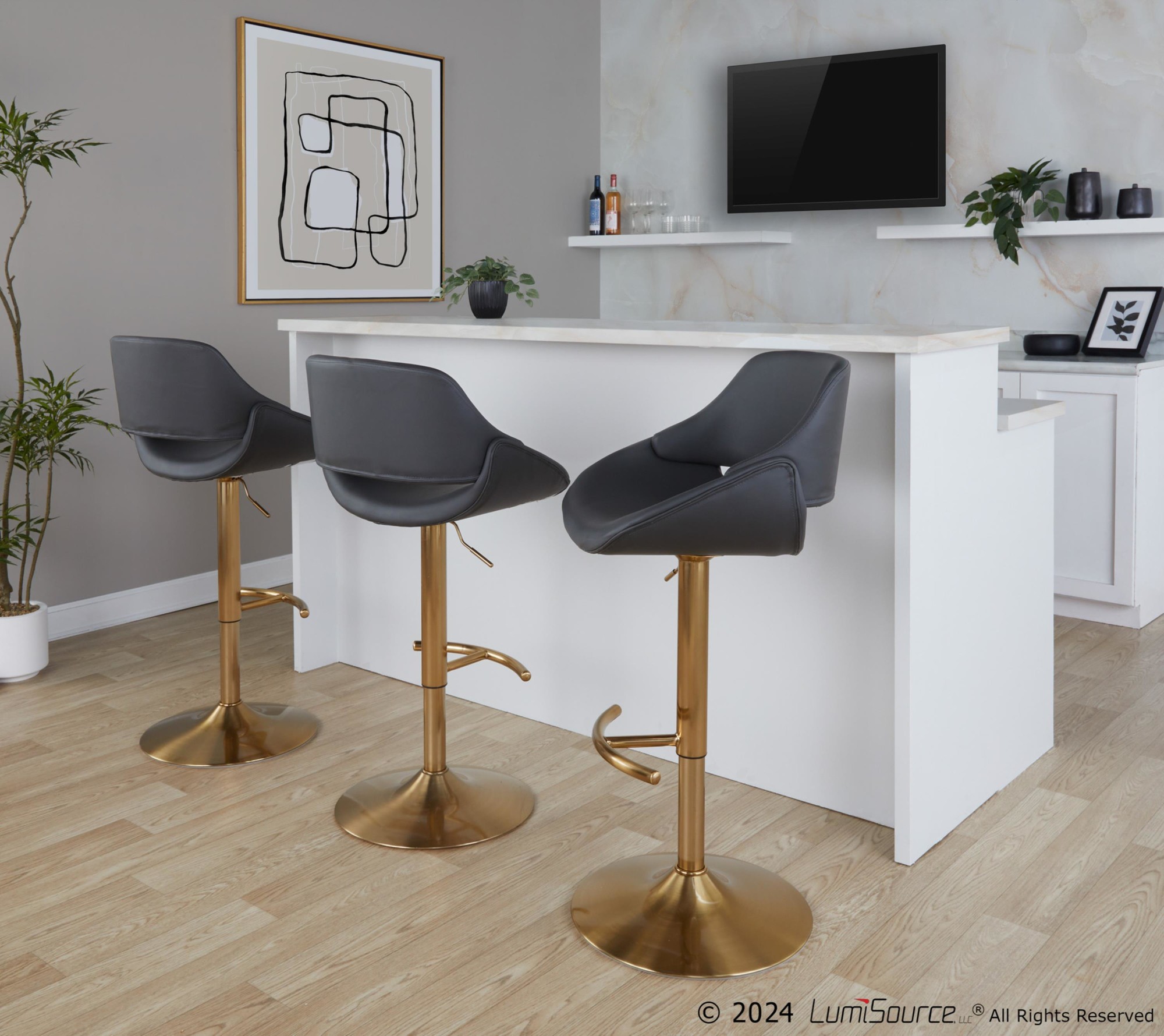 Fabrico Gold and Grey Contemporary Adjustable Swivel Barstools (Set of 2) 2 Fabrico Gold and Grey Contemporary Adjustable Swivel Barstools (Set of 2) - Image 2