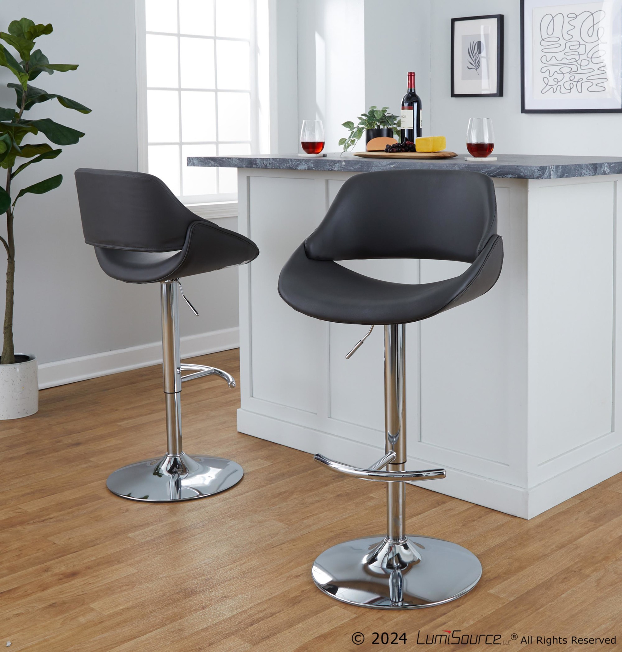 Fabrico Grey Faux Leather Contemporary Adjustable Bar Stools (Set of 2) 2 Fabrico Grey Faux Leather Contemporary Adjustable Bar Stools (Set of 2) - Image 2