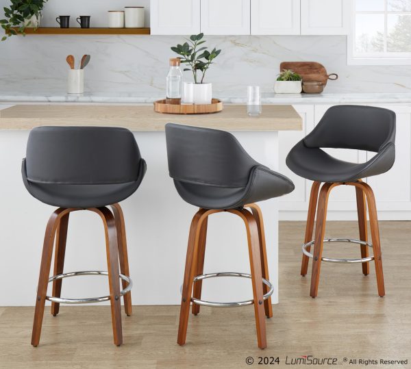 Fabrico Grey Faux Leather Walnut Mid Century Counter Stools Set of 2 1