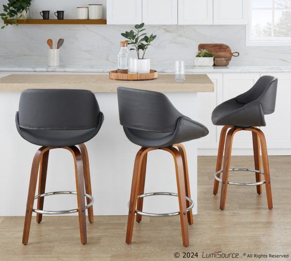 Fabrico Grey Faux Leather Walnut Mid Century Counter Stools Set of 2
