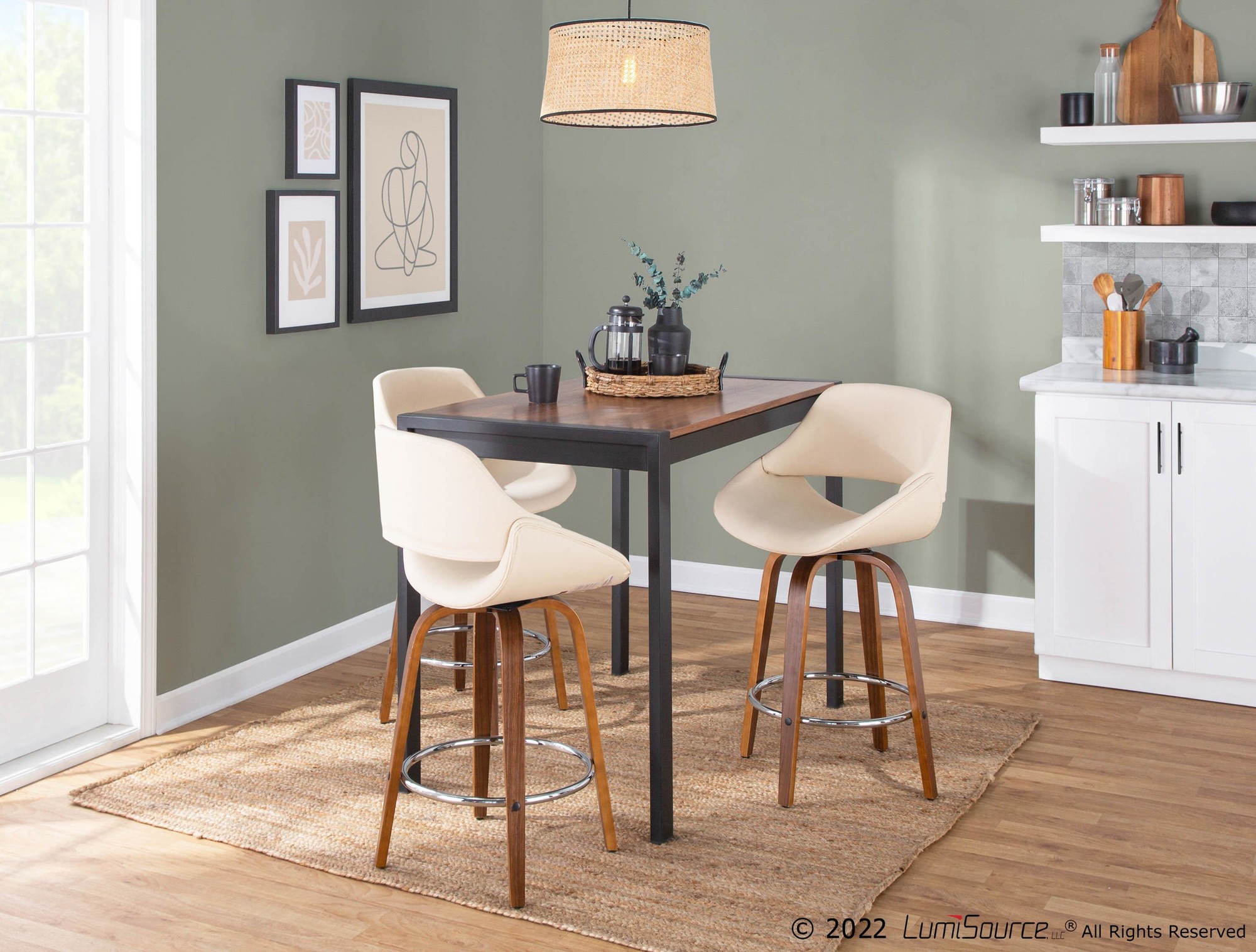 Fabrico Mid-Century Modern Cream Counter Stools Walnut (Set of 2) (Set of 2) 2 Fabrico Mid-Century Modern Cream Counter Stools Walnut (Set of 2) (Set of 2) - Image 2